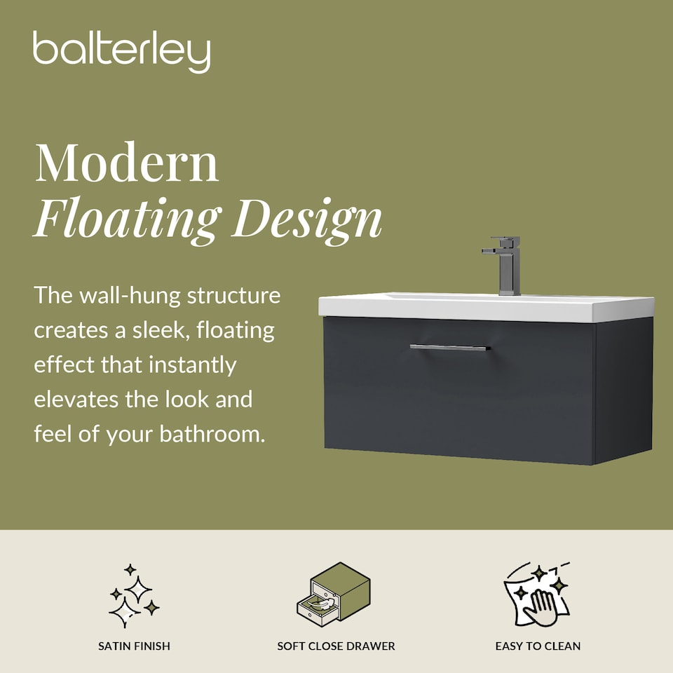 image 1 of 800mm Wall Hung 1 Drawer Vanity Basin Unit, Dark Grey, Pewter Handle | Grey | Soft Black | 399 x 810 x 390mm