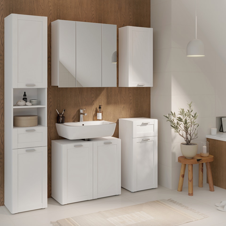 image 1 of Lokko Bathroom Storage Unit with 1 Door & 1 Drawer with Silver Handles in White