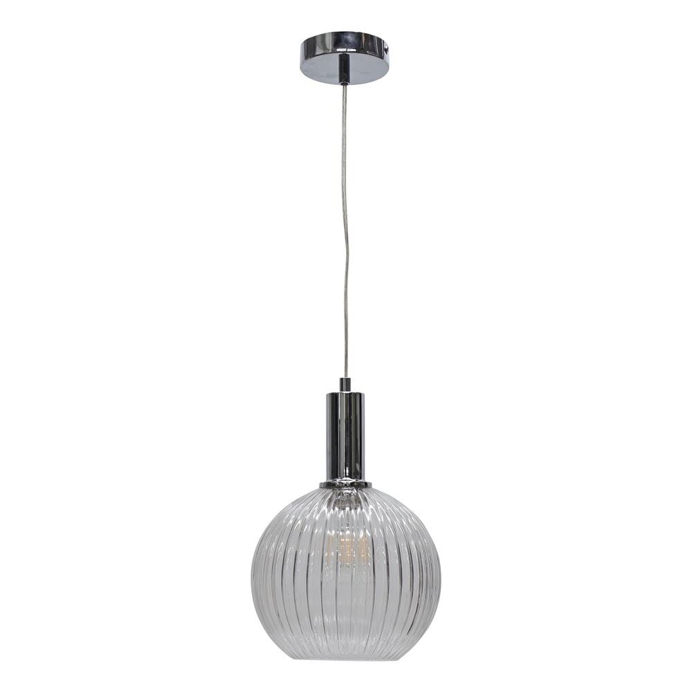 First Choice Lighting Betchley - Clear Ribbed Glass Globe Chrome Deco Pendant Fitting