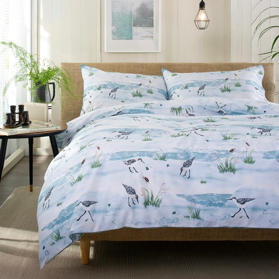 image 1 of Waders 100% Cotton Duvet Cover Set with Printed Pattern and Piped Trim Blue | White | Double
