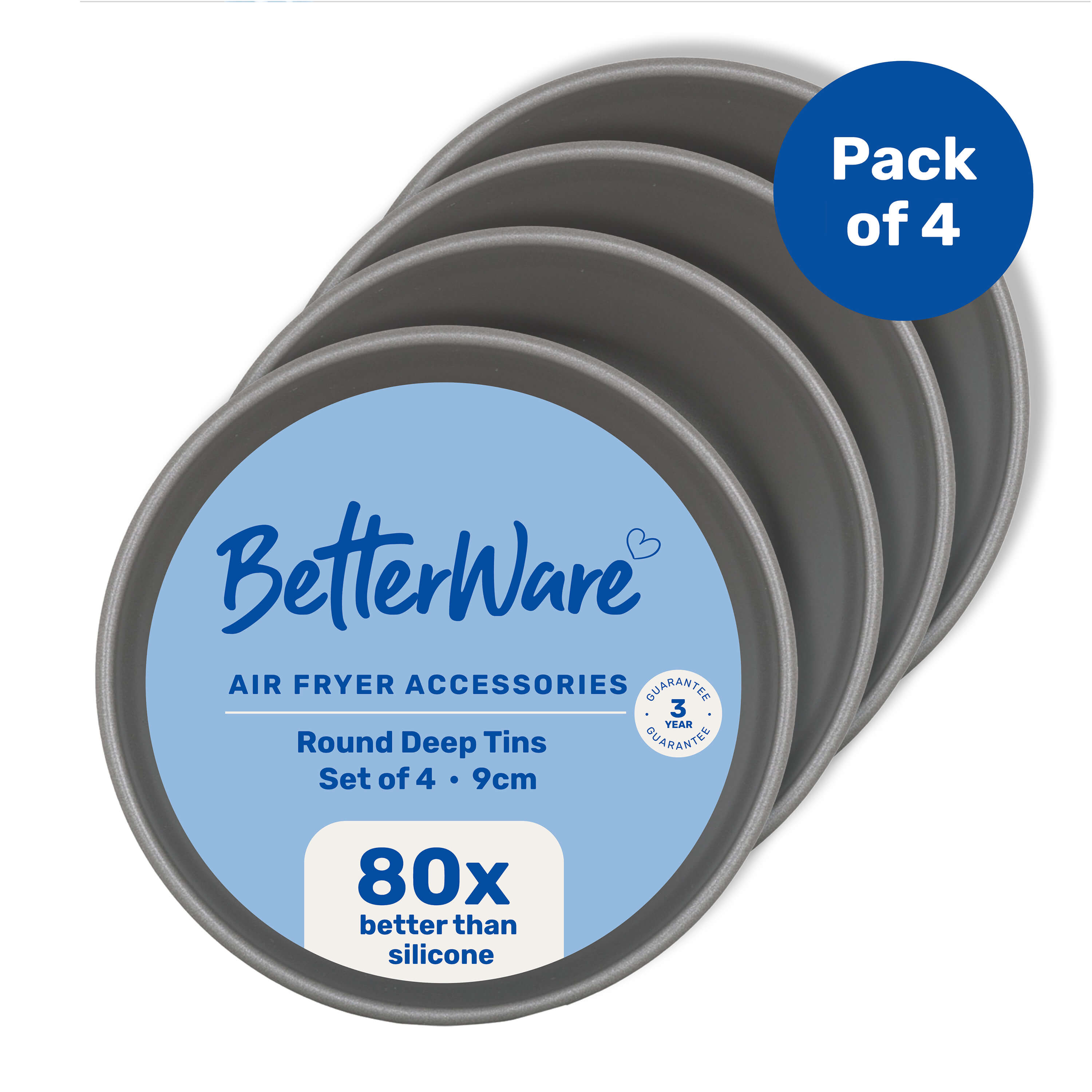 BetterWare Air Fryer Accessories Set of 4 x 9cm Round Deep Tins Non-Stick Low Carbon Steel Dishwasher & Freezer Safe Compatible with Most Air Fryers I