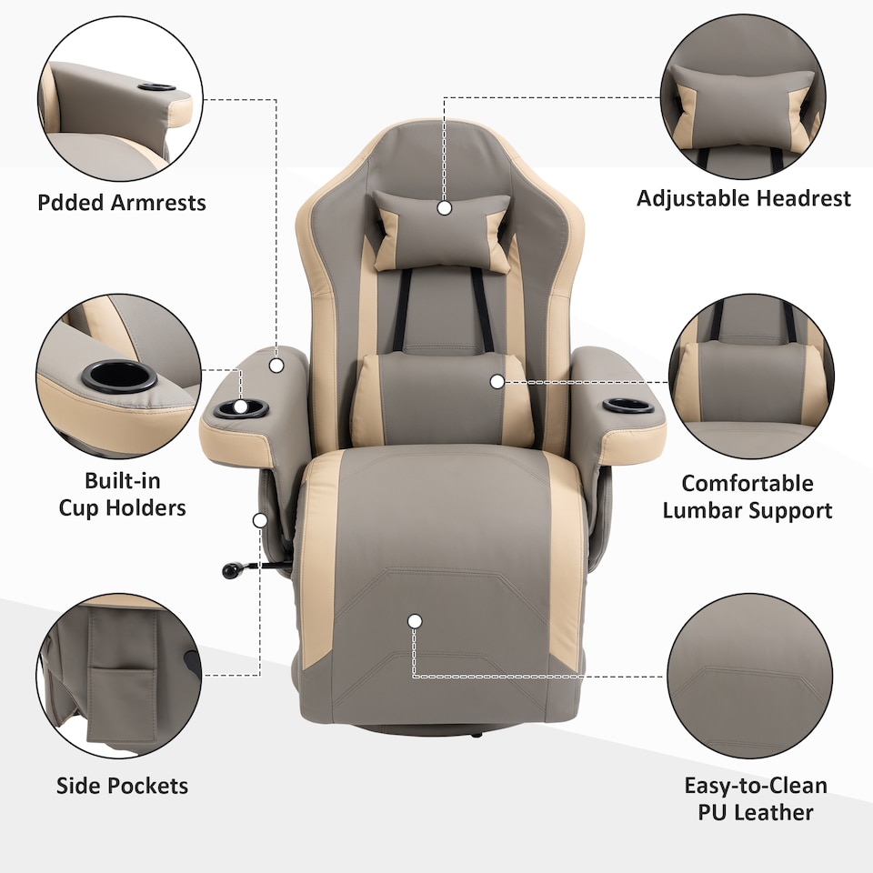 image 1 of HOMCOM Reclining Gaming Chair, 360 Swivel Racing Video Gaming Manual Recliner with Footrest, Headrest and Cup Holder, PU Leather Armchair with Storage Pocket, Grey