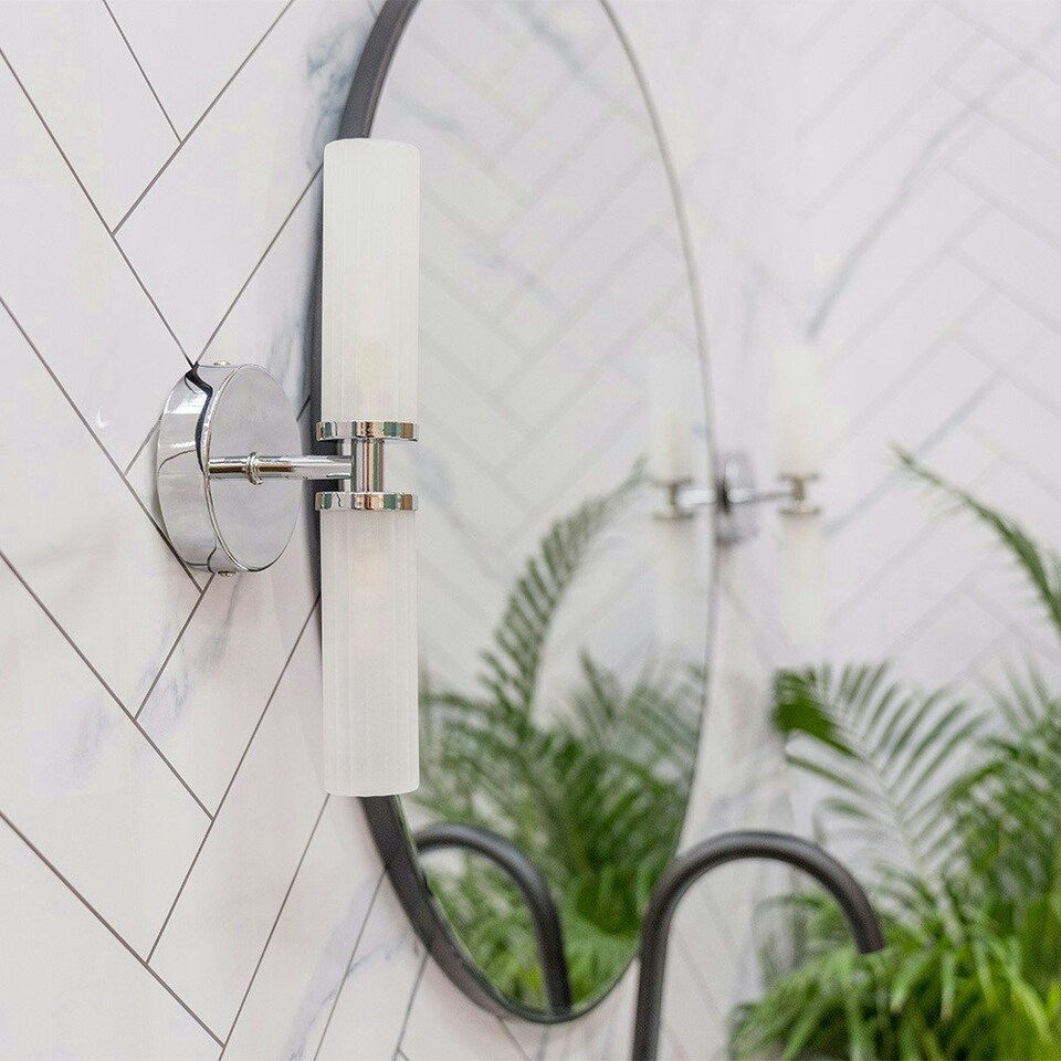 image 1 of ValueLights Canya Polished Chrome IP44 Bathroom 2 Way Frosted Reeded Glass Wall Light