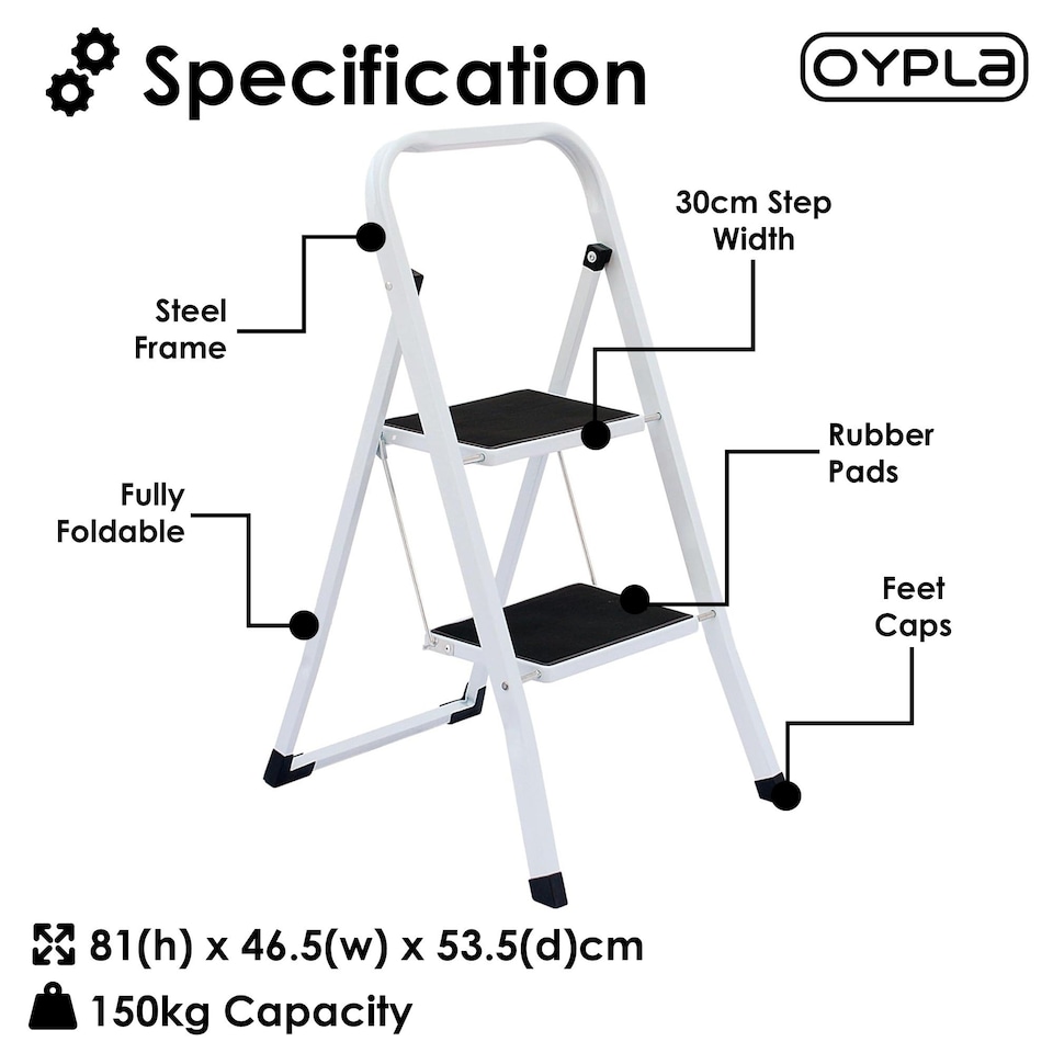 image 1 of Foldable 2 Step Ladder Stepladder Non Slip Tread Safety Steel | White