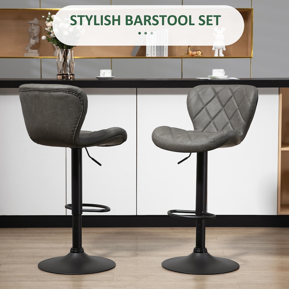 image 1 of HOMCOM Bar Stools, Set of 2 Breakfast Bar Chairs, Swivel Barstools with Backrest and Footrest, Steel Frame Diamond Pattern PU, for Kitchen Counter, Dining Room, Dark Grey