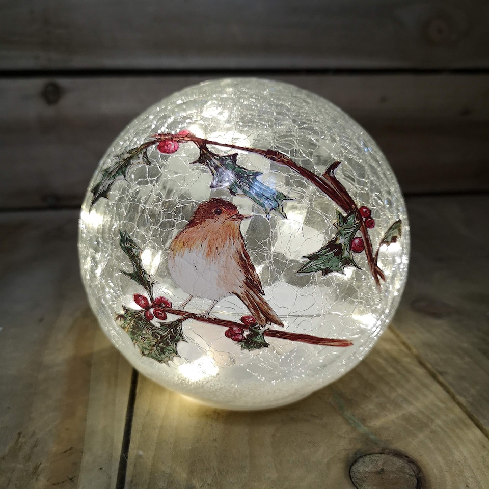 image 1 of 15cm Battery Operated Light up Robin Crackle Glass Ball with 12 Warm White LEDs