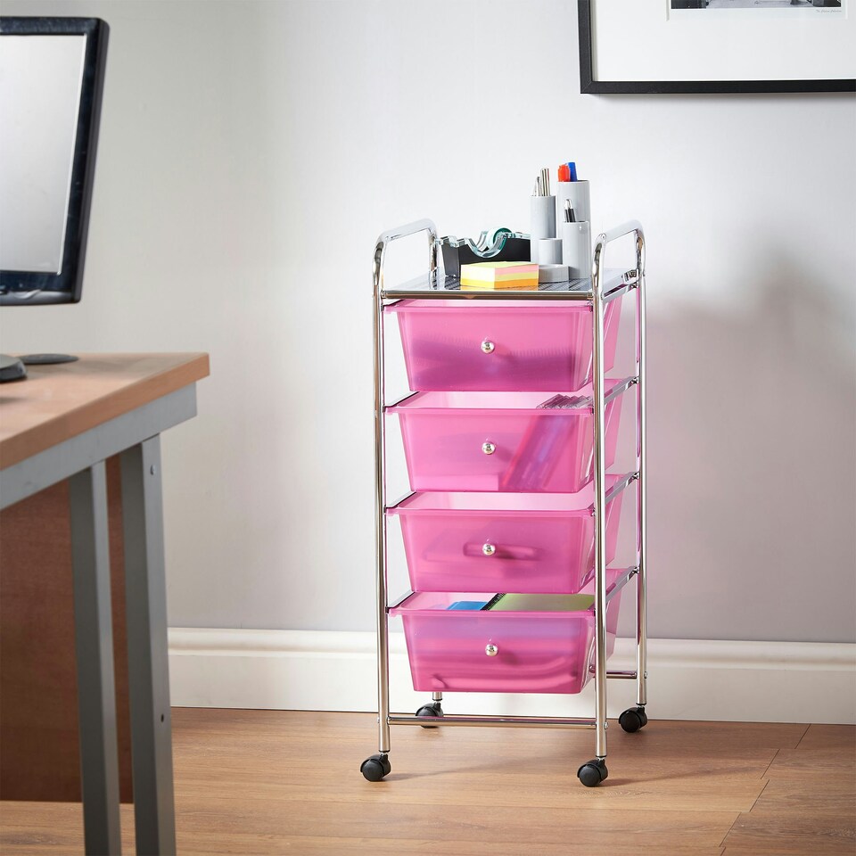 image 1 of VonHaus 4 Drawer Pink Storage Trolley with 360° Wheels