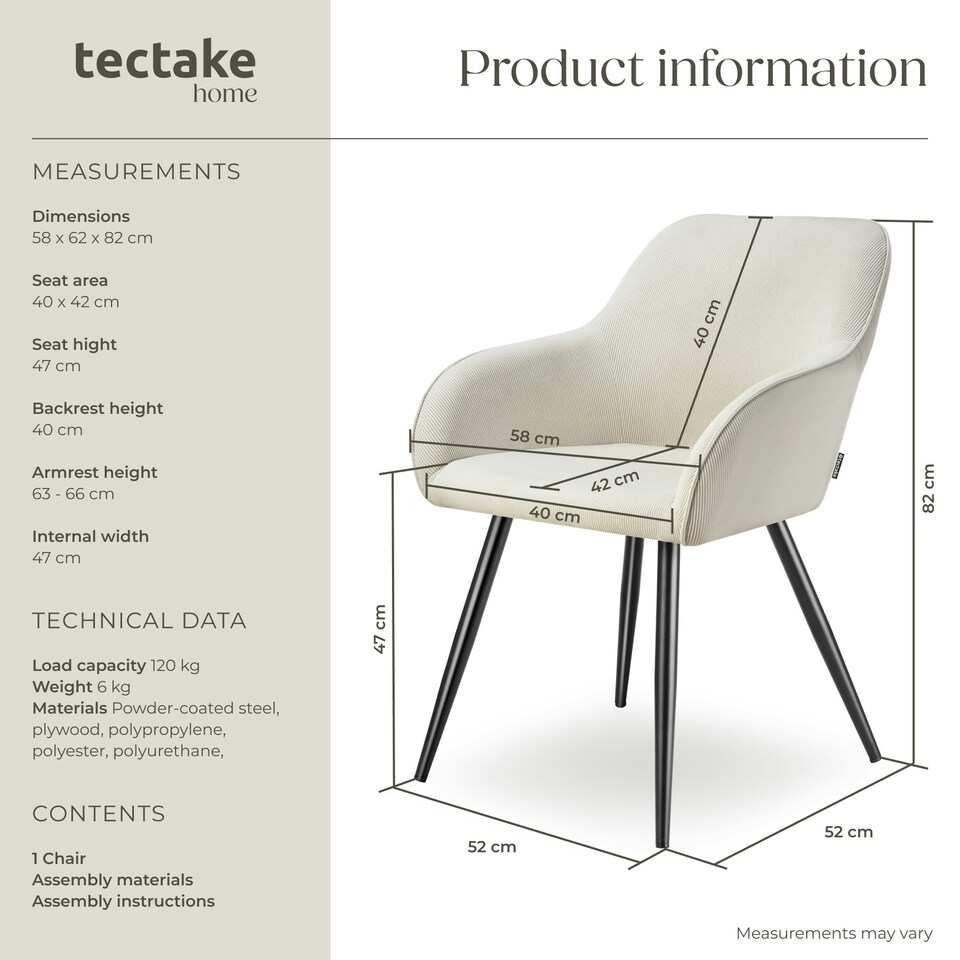image 1 of Dining Chair Marilyn - corduroy look, upholstered, armchair, continuous backrest - per piece Cream | Cream/Black