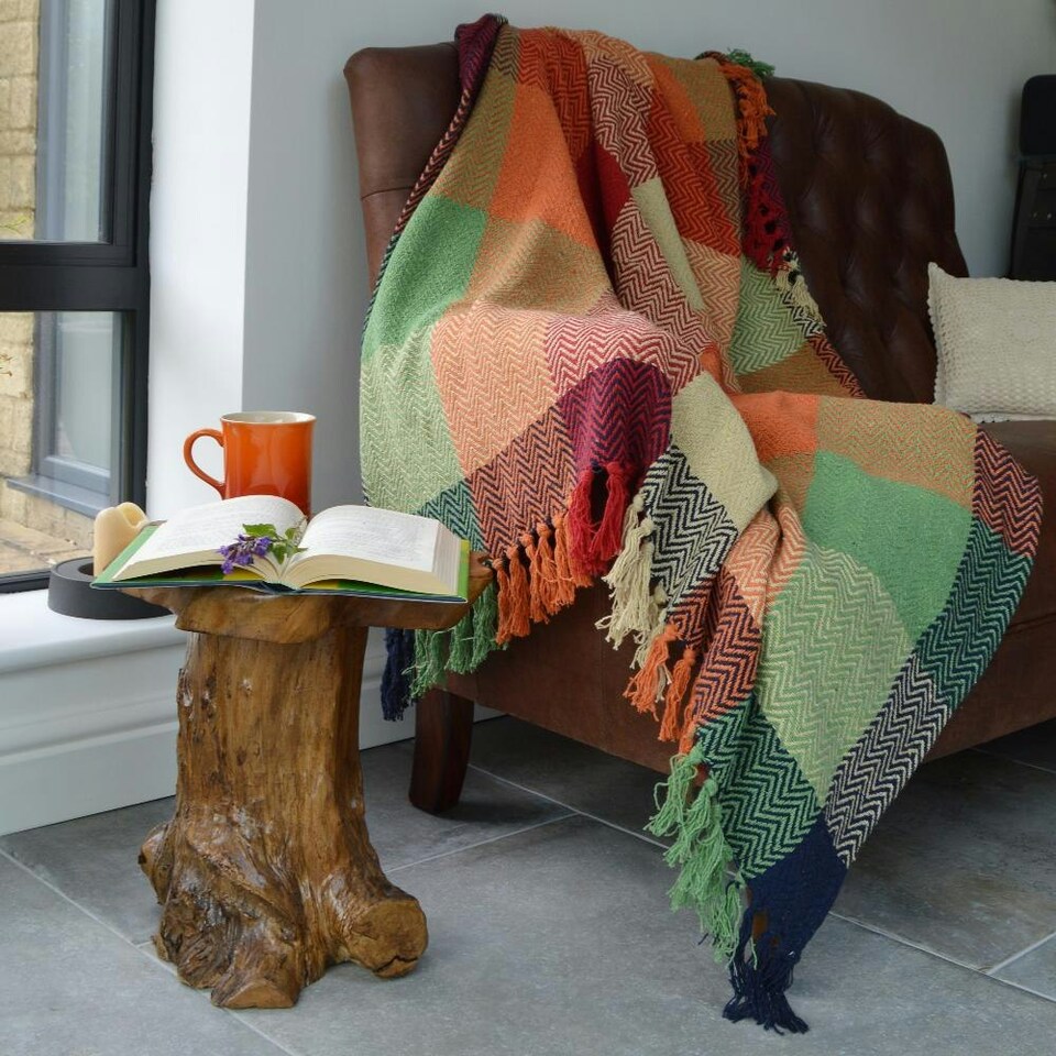 image 1 of Multicoloured Check Herringbone Throw Blanket - 100% Cotton Multi | 125 x 150cm