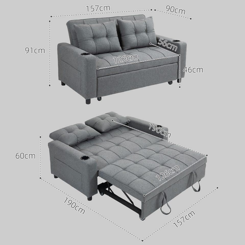 image 1 of HOMCOM 2 Seater Pull Out Sofa Bed with Pockets for Living Room Dark Grey