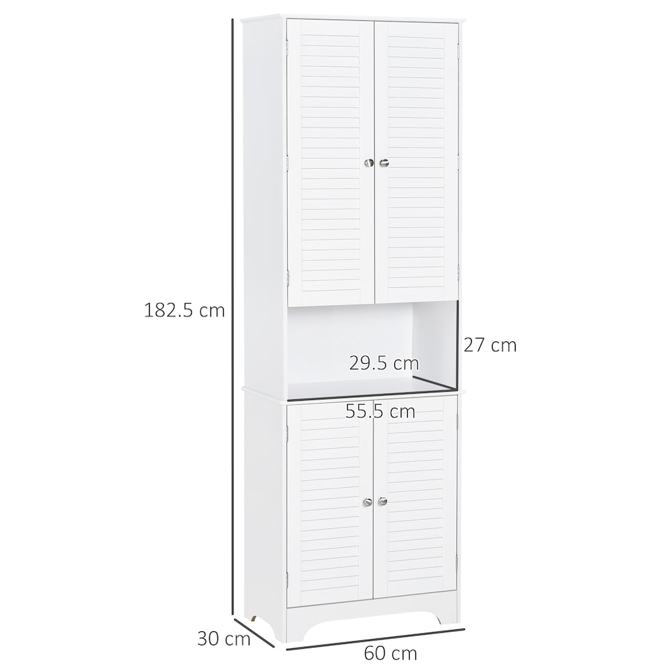 image 1 of HOMCOM Tall Freestanding Bathroom Cabinet Retro Shutters w  3 Compartments Shelves Elevated Base Narrow Organiser White 60L x 30W x 182.5H cm | White | White