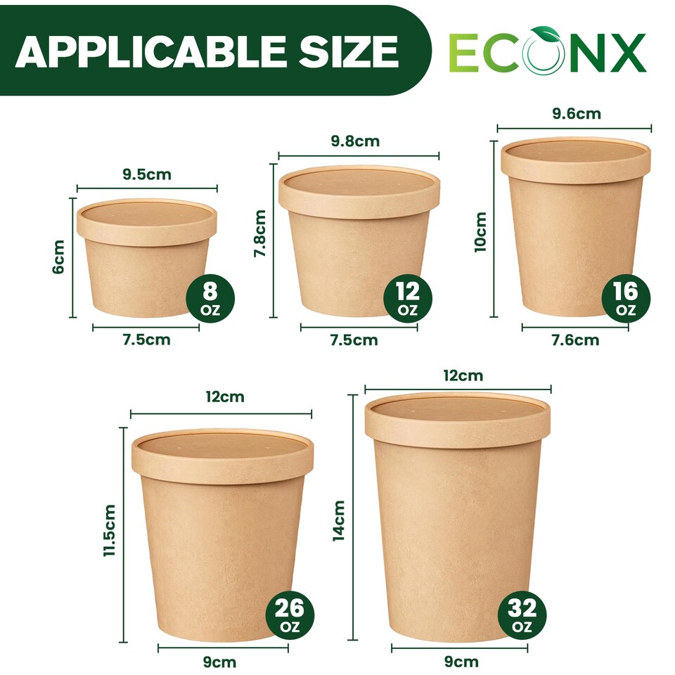 image 1 of ECONX 32oz Kraft Disposable Paper Soup Cups Food Containers with Lids Takeaway Tubs 100pc