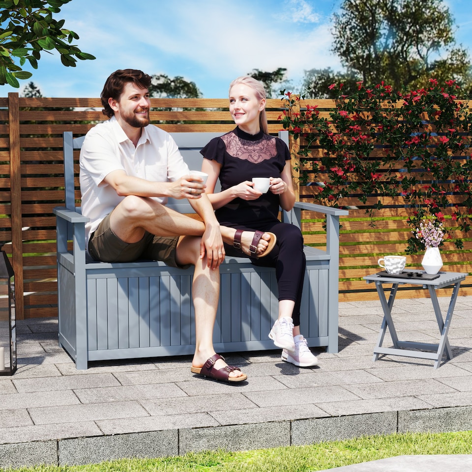 image 1 of Outsunny 2 Seater Garden Storage Bench, 164L Outdoor Storage Box with Backrest Flower Pattern, Wooden Garden Bench with Armrests, 125 x 68.5 x 97cm, Grey | Grey | Grey