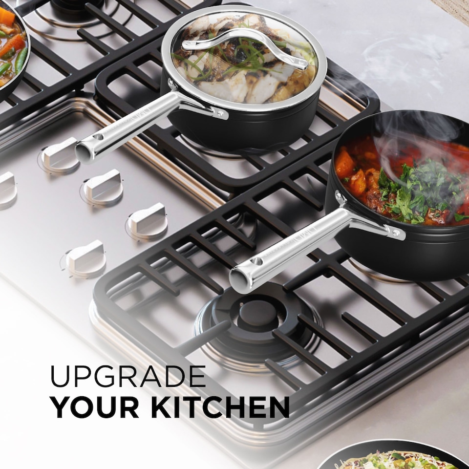 image 1 of DMD 3-Piece Sauce Pan Set with Lids (16/18/20cm Saucepans) Non-Stick, Stainless Steel Handles | Black | 3-Piece