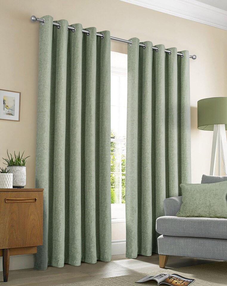 image 1 of Amberley - Thermal Interlined Chenille Curtains - Eyelet - 100% Polyester (Sage, 66'' x 90'' - 168cm x 229cm (Pair)) | Green | Green