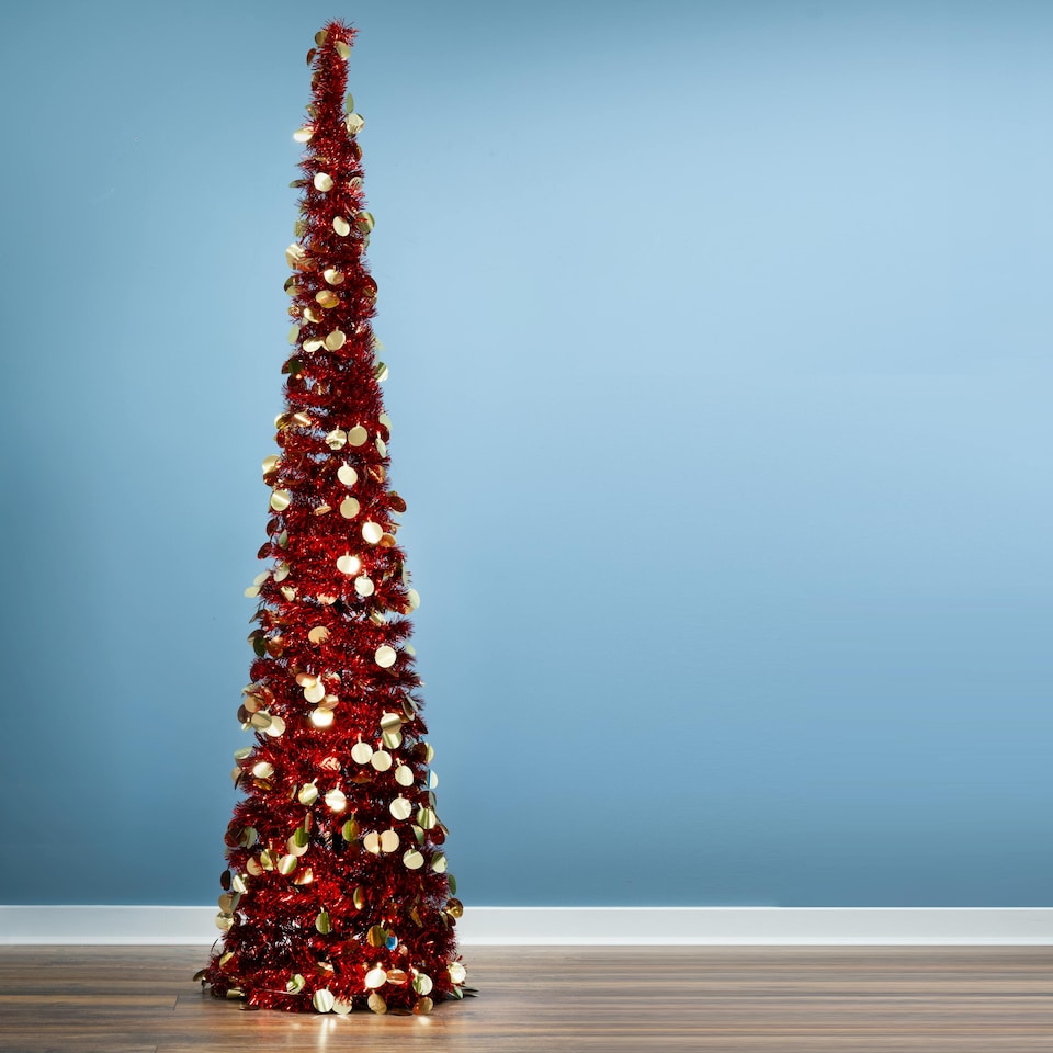image 1 of Christmas Tree World  7ft/210cm Slim Tinsel Pop Up Christmas Tree - Red