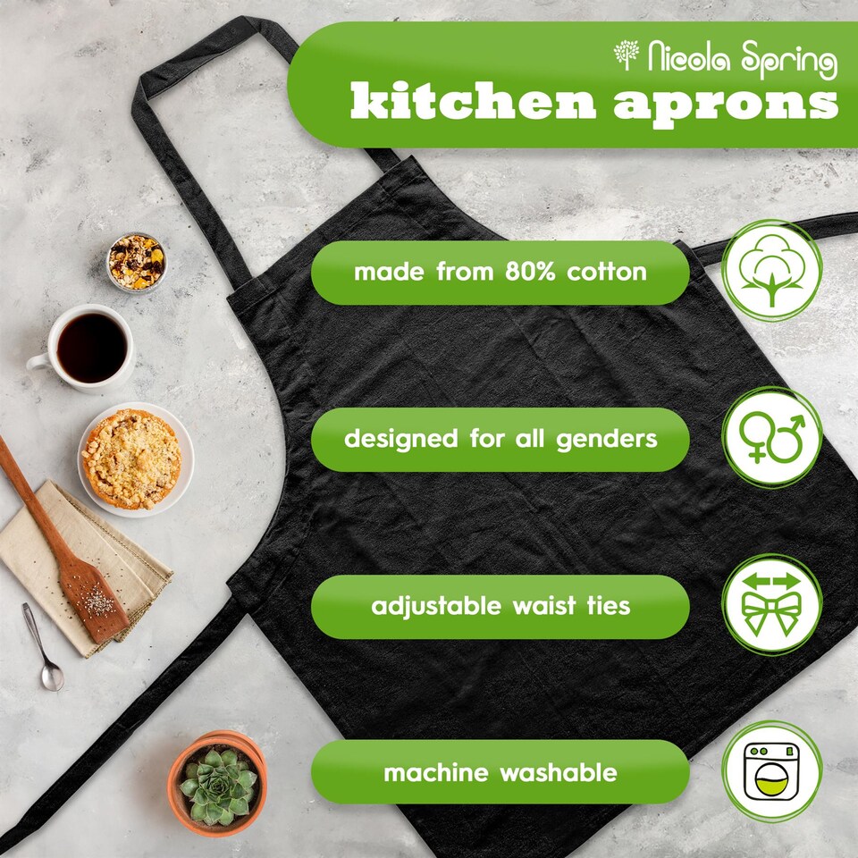 image 1 of Nicola Spring Cotton Kitchen Bib Aprons - One Size - Black - Pack of 12