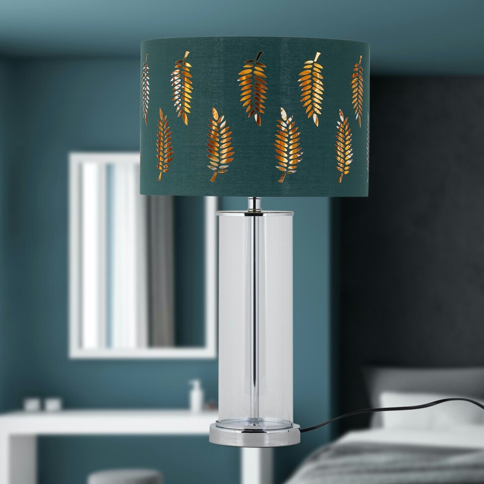 image 1 of Set of 2 Aura - Chrome Table Lamps with Green Fern Cut Out Shades Chrome | Green