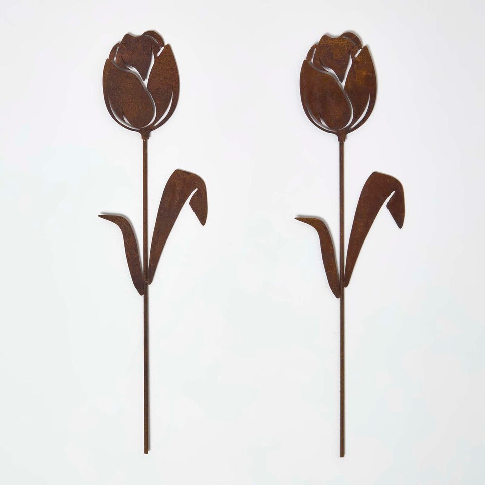image 1 of Homescapes Steel Tulip Garden Stake Decorations, Set of 2