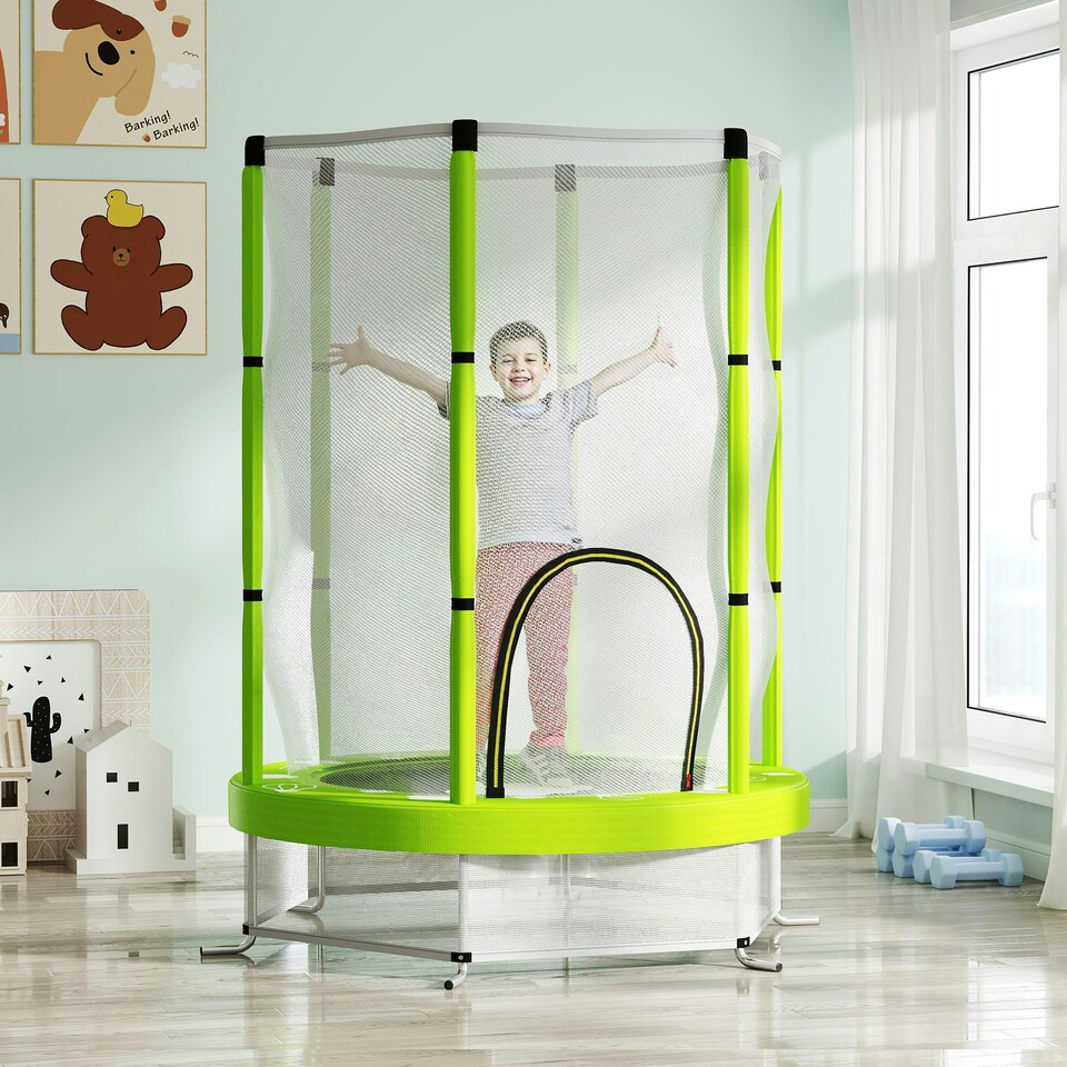 image 1 of AIYAPLAY 4.6FT Kids Trampoline with Safety Enclosure Net, Green