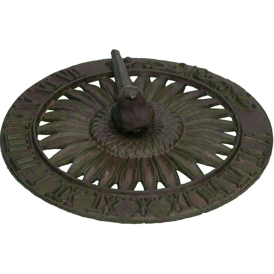 image 1 of Bird Sundial Ornament Cast Iron Garden Feature Statue Sunflower Clock Metal Brown