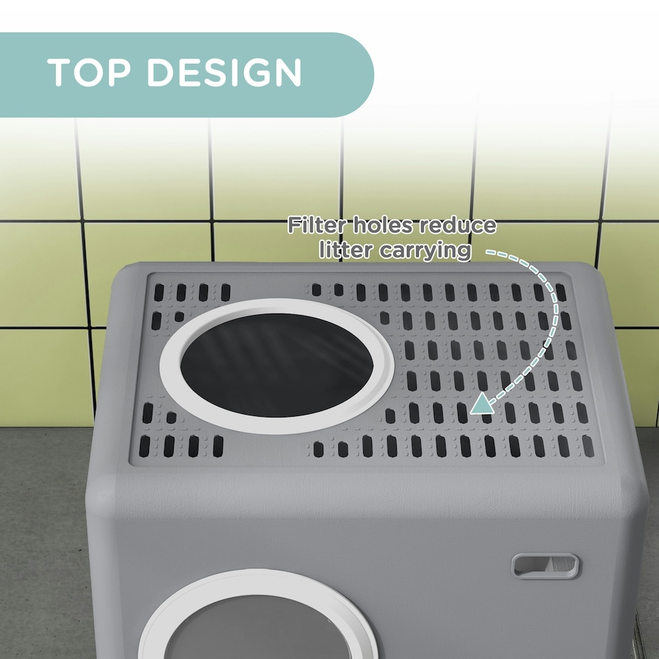 image 1 of PawHut Enclosed Cat Litter Tray with Lid, Front Entry, Top Exit, Scoop - Grey