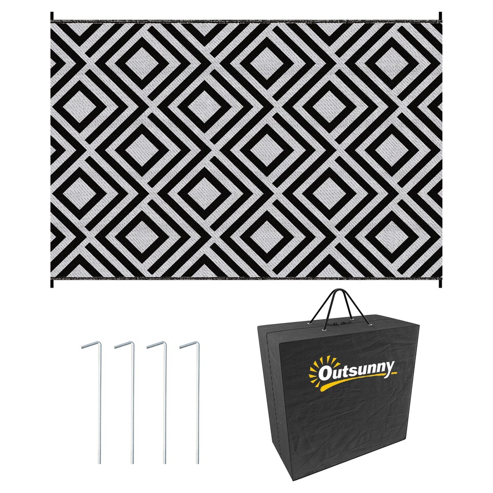 image 1 of Outsunny Reversible Waterproof Outdoor Rug W Carry Bag, 182 x 274 cm | Multi | Black and White | 182L x 274W x 0.3Hcm
