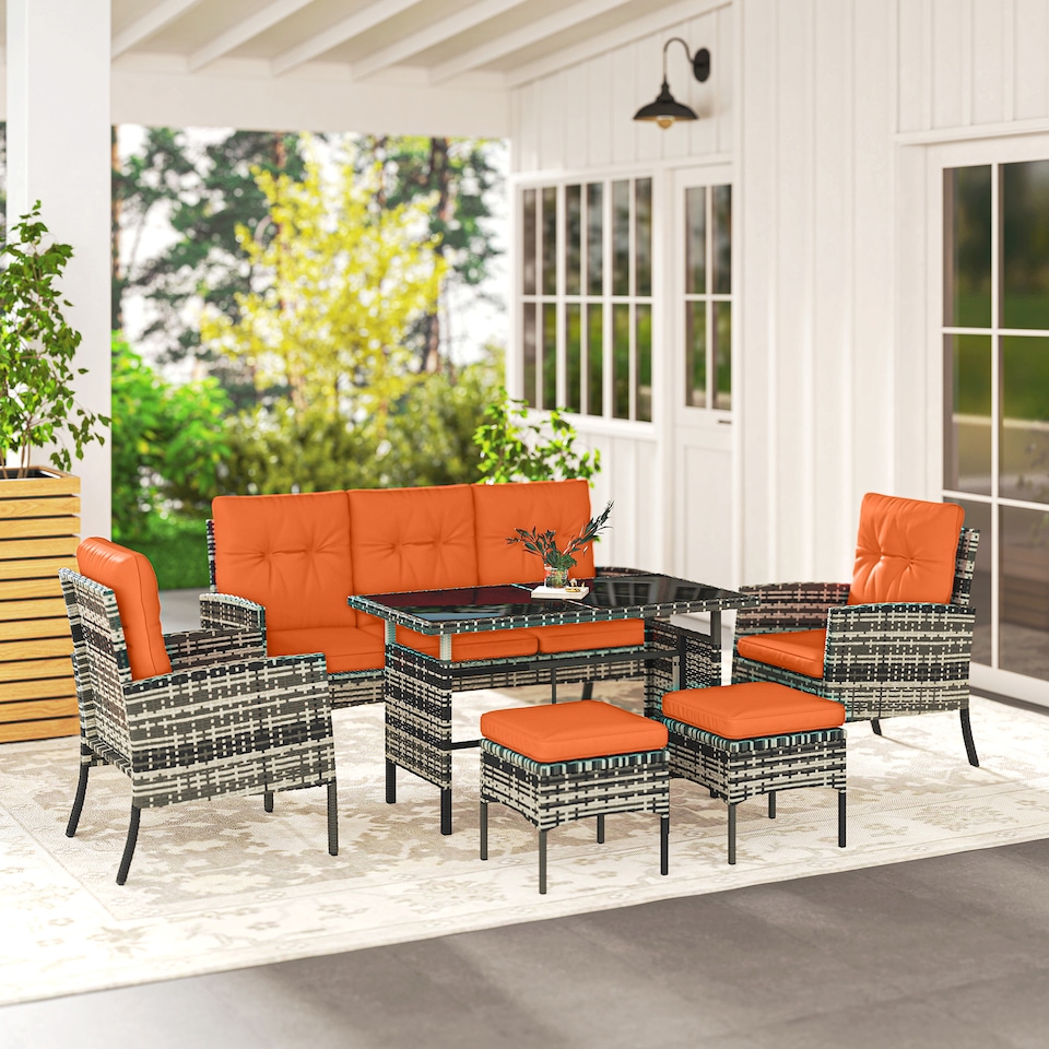 image 1 of Outsunny 6 Pieces Rattan Garden Furniture Sofa Set with Cushions, Orange | Orange | Orange