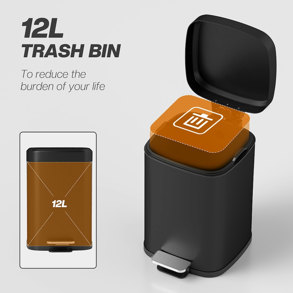 image 1 of HOMCOM 12L Kitchen Pedal Bin, Metal Rubbish Bin with Soft-close Lid, Black Black | 12L