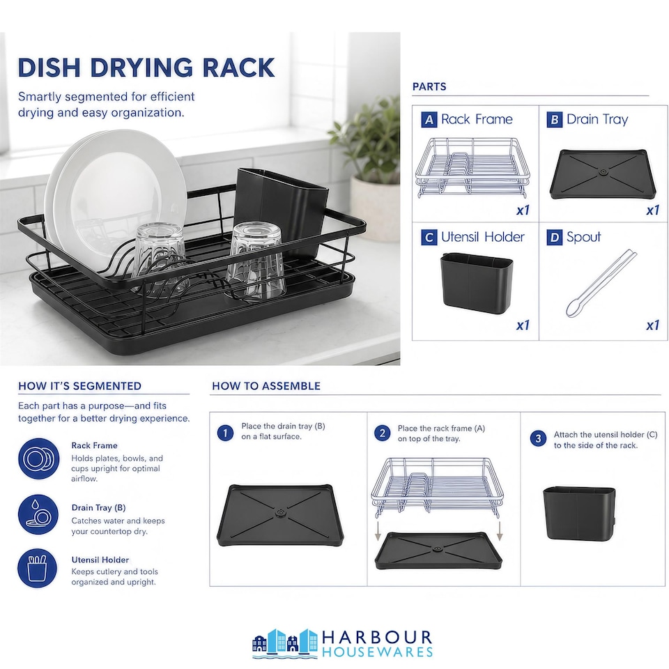 image 1 of Harbour Housewares Metal Kitchen Dish Drainer Rack Cutlery Holder Bowl Plate Drying Rack with Drip Tray