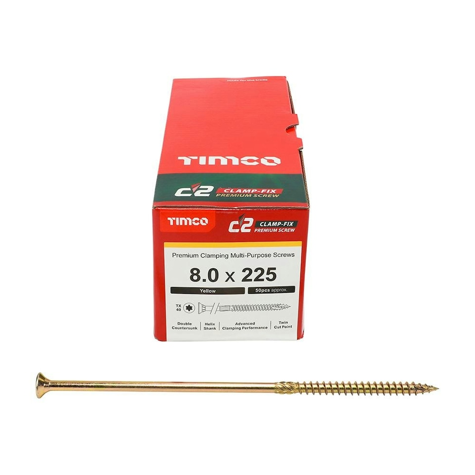 image 1 of Timco - C2 Clamp-Fix Multi-Purpose Premium Screws - TX - Double Countersunk - Yellow (Size 8.0 x 225 - 50 Pieces)