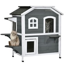 PawHut Wooden Cat House Cat Cave Pet Shelter Condos Outdoor Grey
