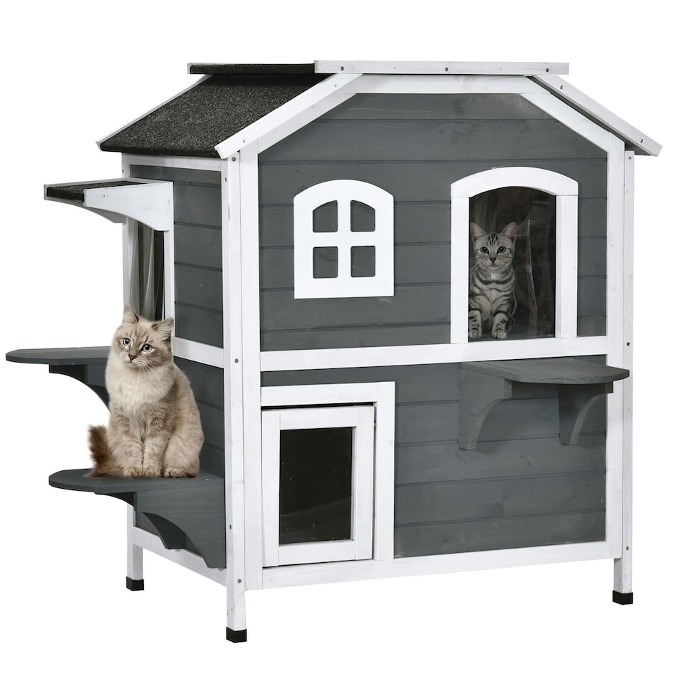 image 1 of PawHut Wooden Cat House Cat Cave Pet Shelter Condos Outdoor Grey
