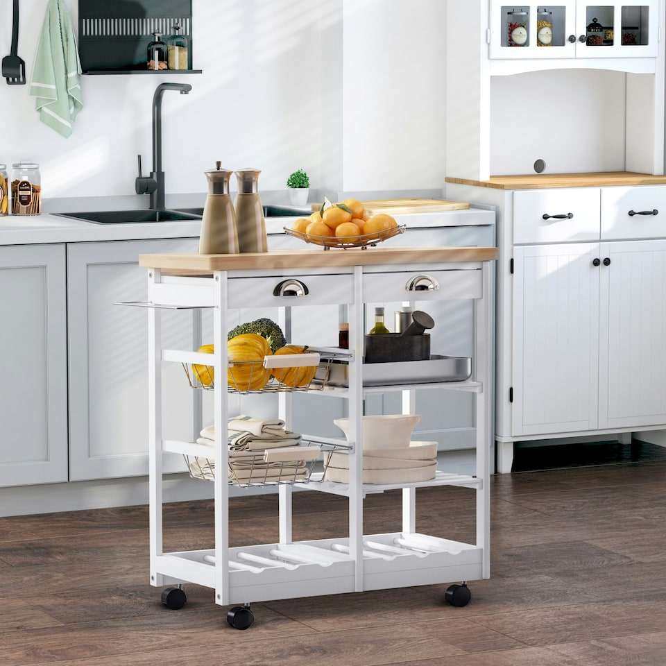 image 1 of HOMCOM Rolling Kitchen Island Trolley, Serving Cart w/ Drawer, Basket White