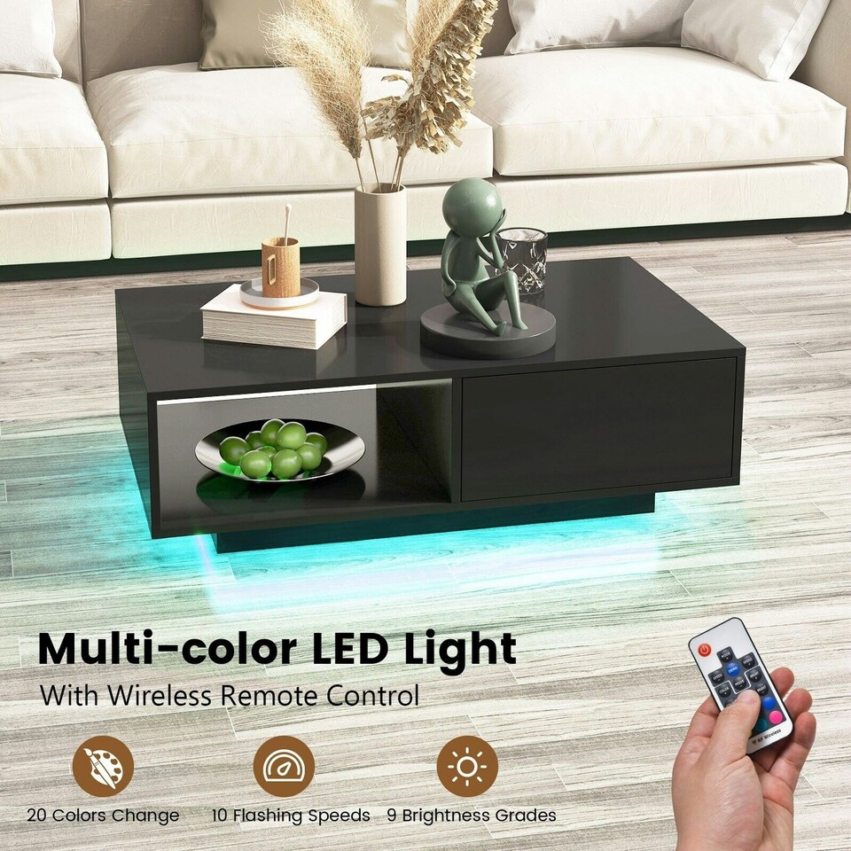 image 1 of COSTWAY Coffee Table w/LED Lights Rectangle Table Black