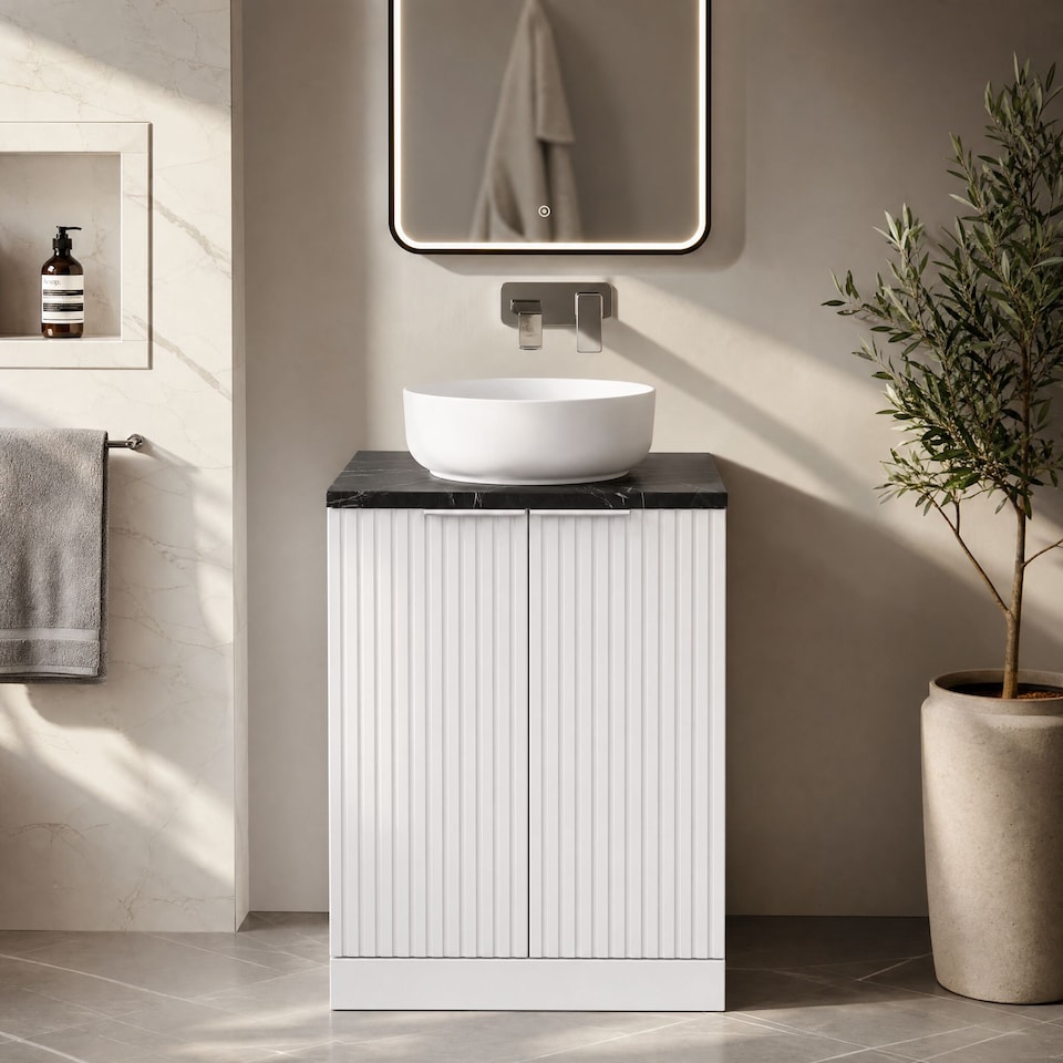 image 1 of Balterley Callingwood Contemporary Floor Standing 2 Door Vanity Unit with Black Pietra Marble Laminate Worktop , 600mm, Matt White