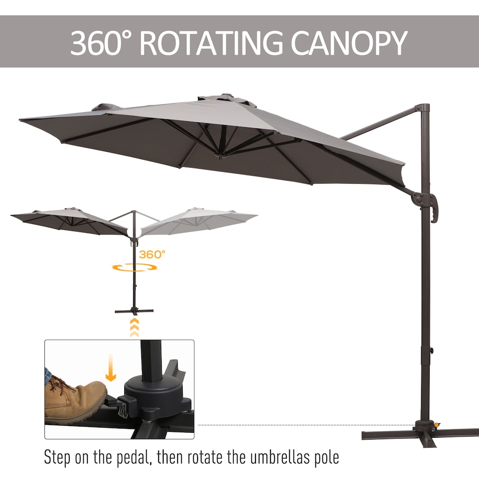 image 1 of Outsunny 3M Cantilever Parasol, Hanging Garden Umbrella Sun Shade with 360 Rotation, Aluminium Frame, Cross Base, Hand Crank, Grey