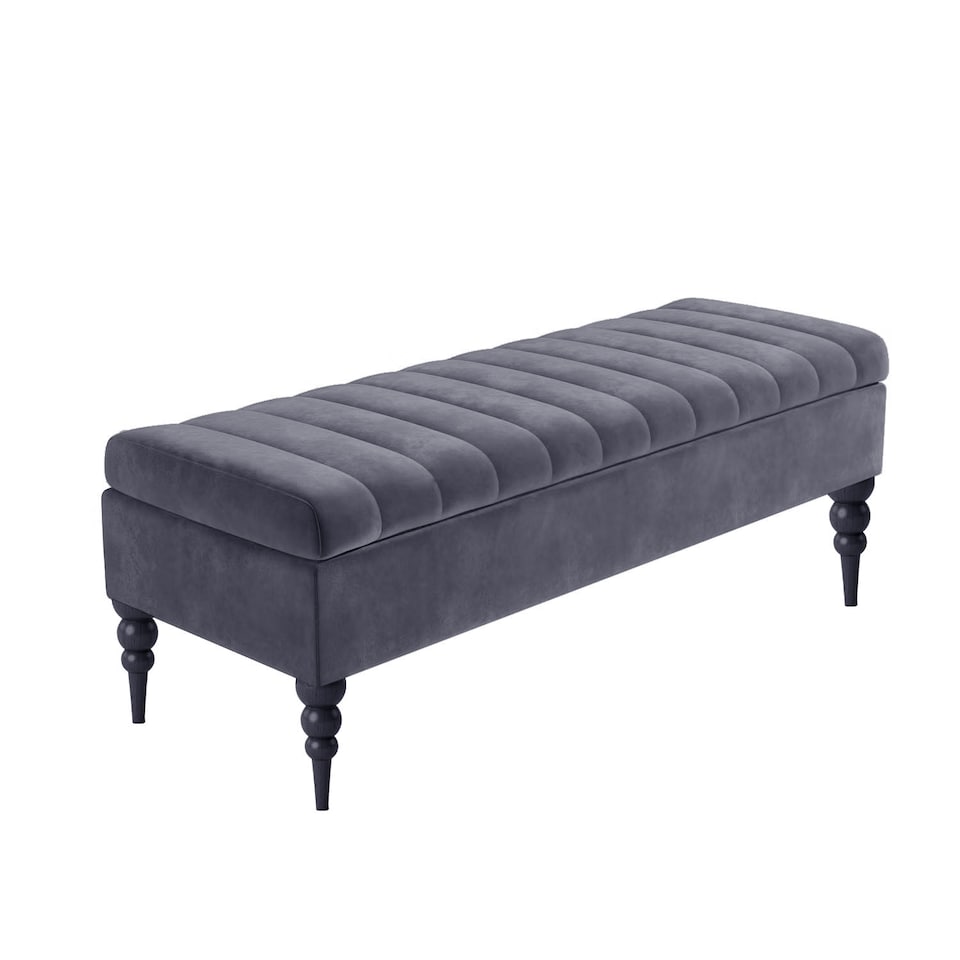image 1 of 150cm Sierra Striped Ottoman Storage Bench with Black Turned Wooden Legs - Steel Grey Plush Velvet Upholstered Shoes Bench