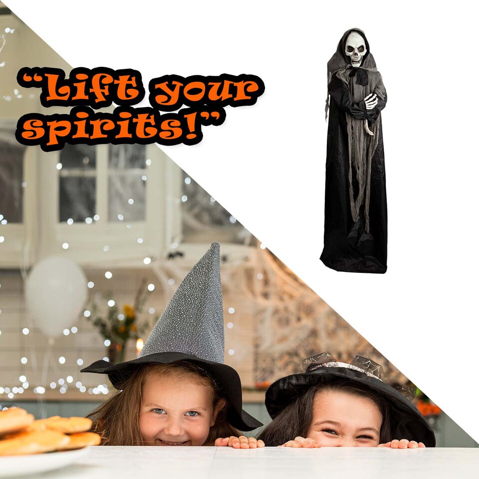 image 1 of PMS 72-inch Animated Skeleton Ghost Decoration - Black Halloween Prop