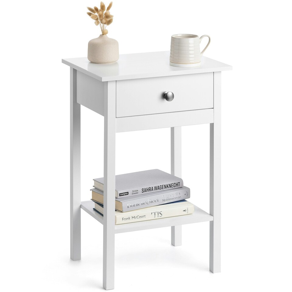 image 1 of Christow White Bedside Table Bedroom Cabinet Nightstand With Drawer & Shelf