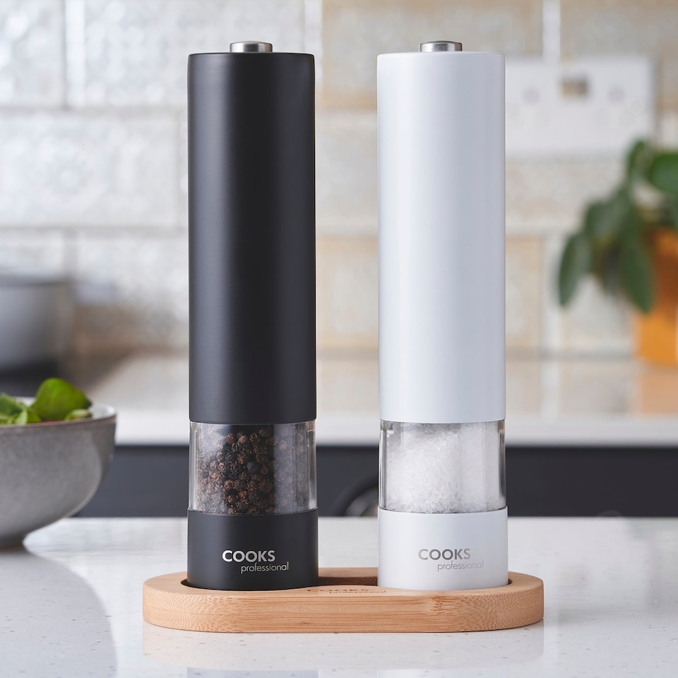 image 1 of Cooks Professional Electric Salt & Pepper Mill Set with Bamboo Base | Multi | Black & White