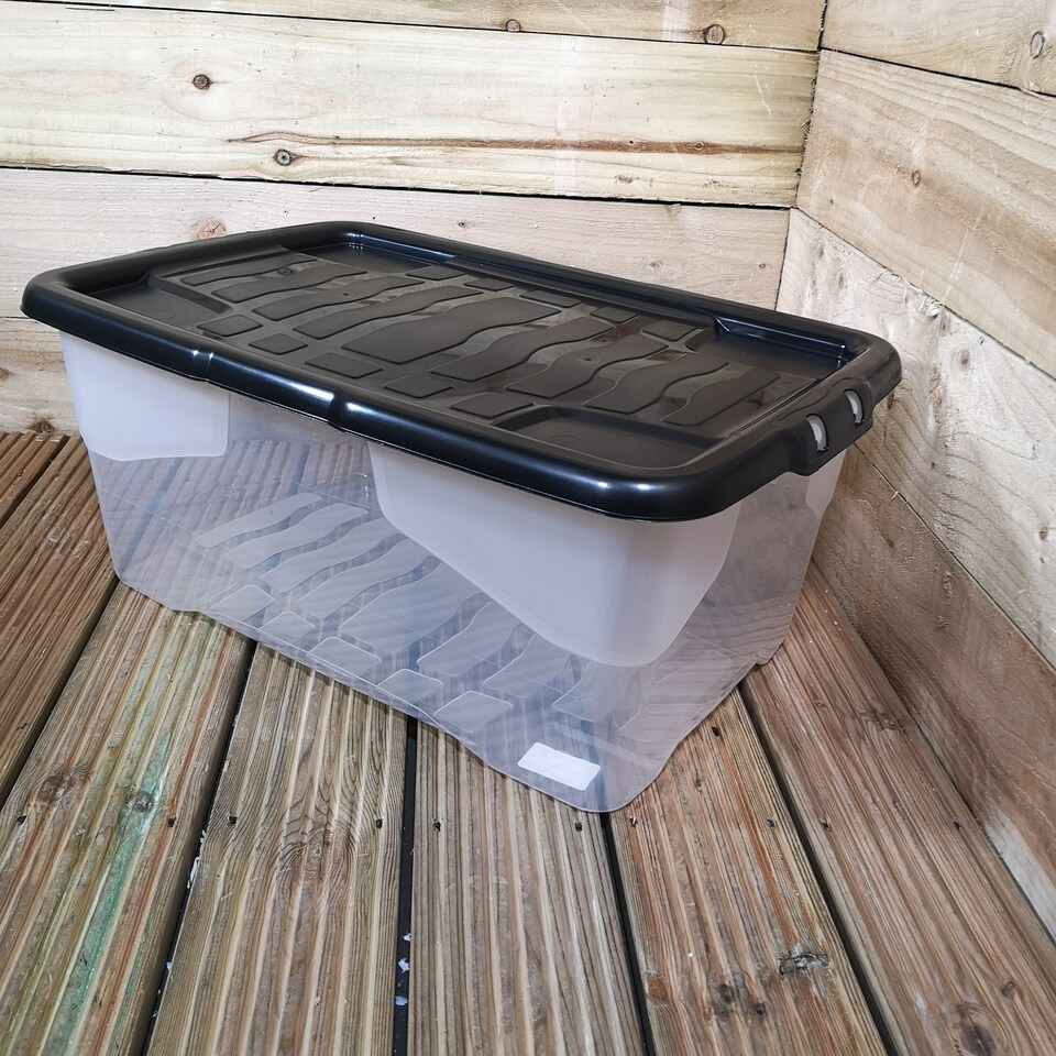 image 1 of 8 x 42L Clear Storage Box with Black Lid, Stackable and Nestable Design Storage Solution