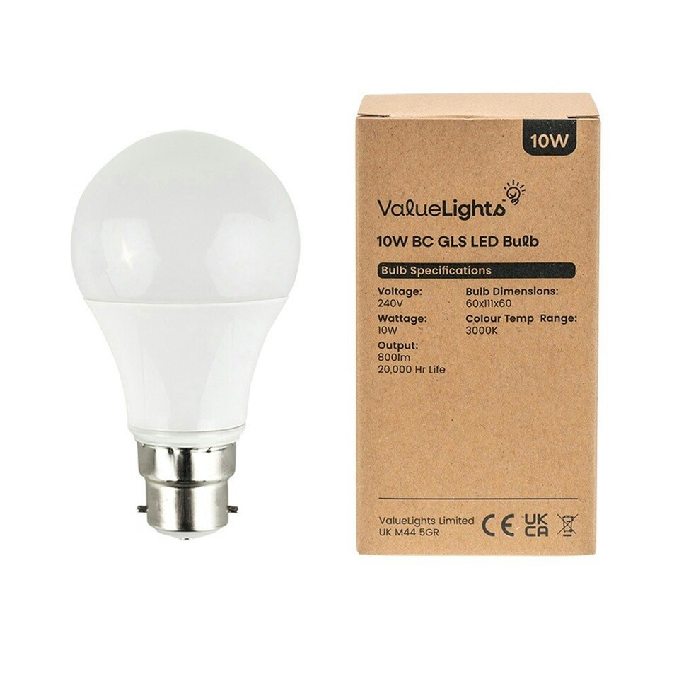 image 1 of ValueLights 6 Pack B22 White Plastic GLS LED 10W Warm White 3000K 800lm Light Bulb