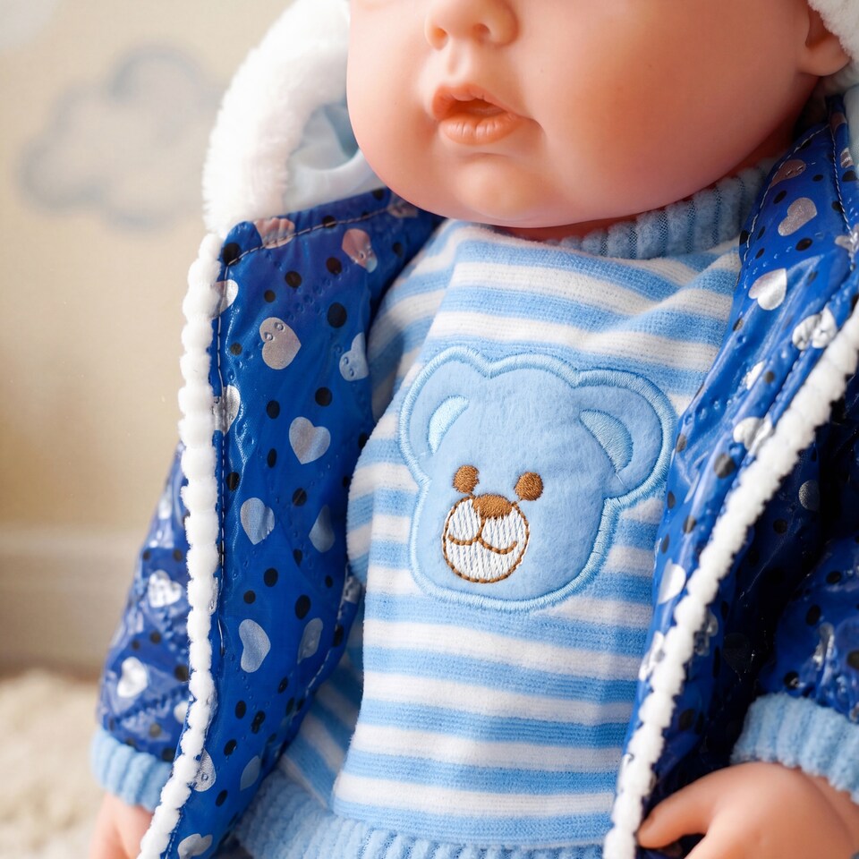 image 1 of BiBi Doll 20" Navy Baby Doll Boy with Blue Coat Outfit, Sounds & Dummy Toy