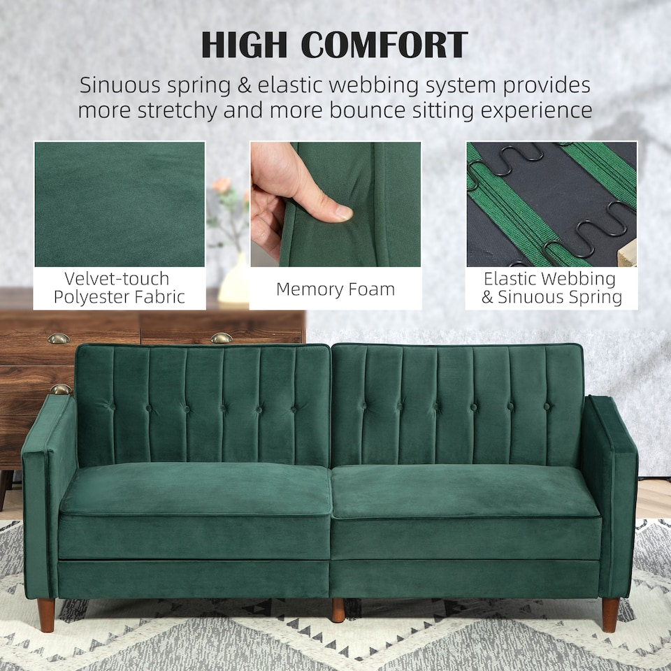 image 1 of HOMCOM Convertible Sofa Bed, 189cm Click Clack 3 Seater Sofa Bed, Button Tufted Velvet Sleeper Couch with Split Reclining Backrest and Rubber Wood Legs, Green