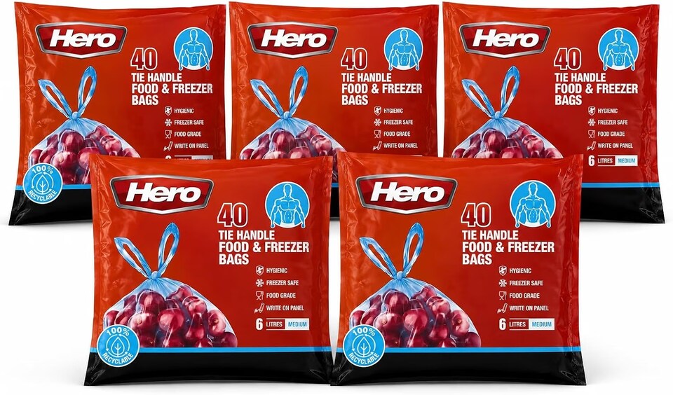 image 1 of Hero Tie Handle Food Storage Bags 6L Pack of 40 Reusable BPA Free Freezer & Sandwich Bags with Airtight Seal for Fruits, Vegetables, Meat and Grains
