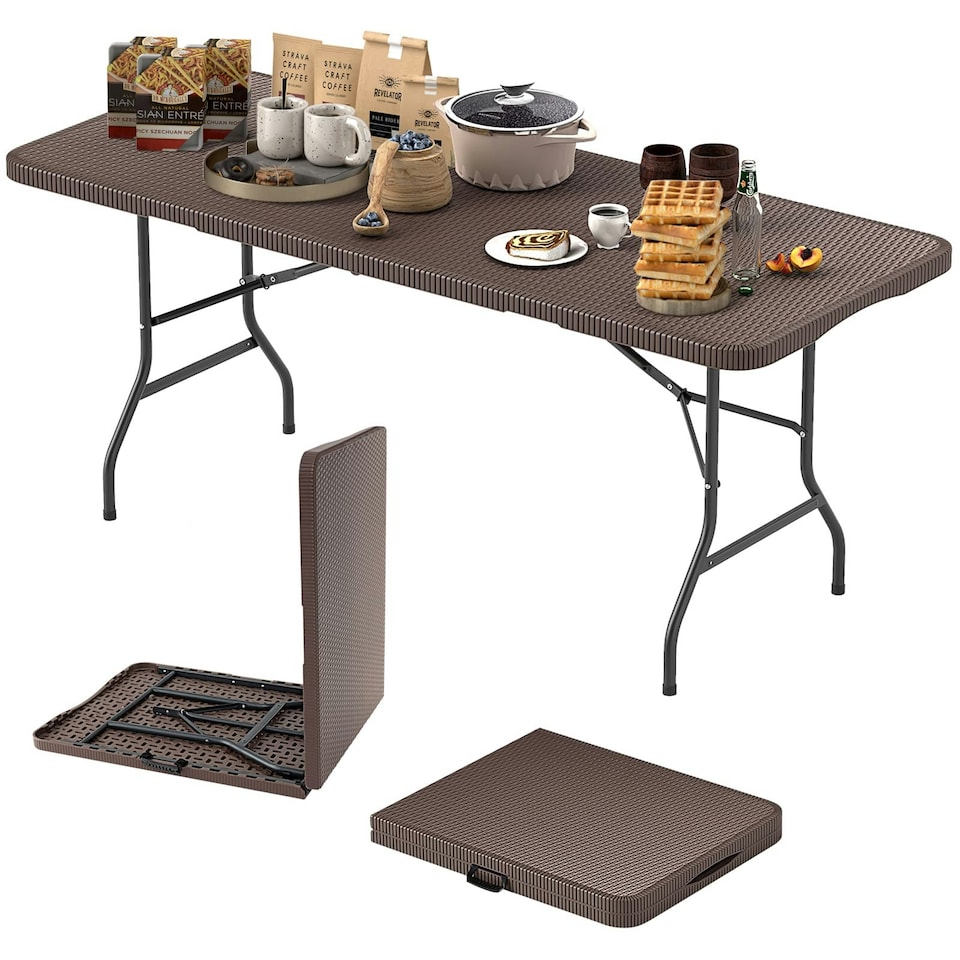 image 1 of COSTWAY 180 cm Portable Folding Camping Table Fold-in-Half | Brown