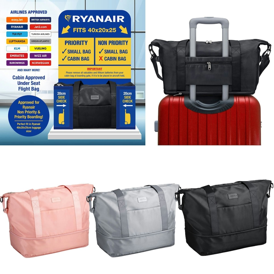 image 1 of Carry On Cabin Bag Underseat Folding Hand Luggage Ryanair Easyjet Travel Flight Grey