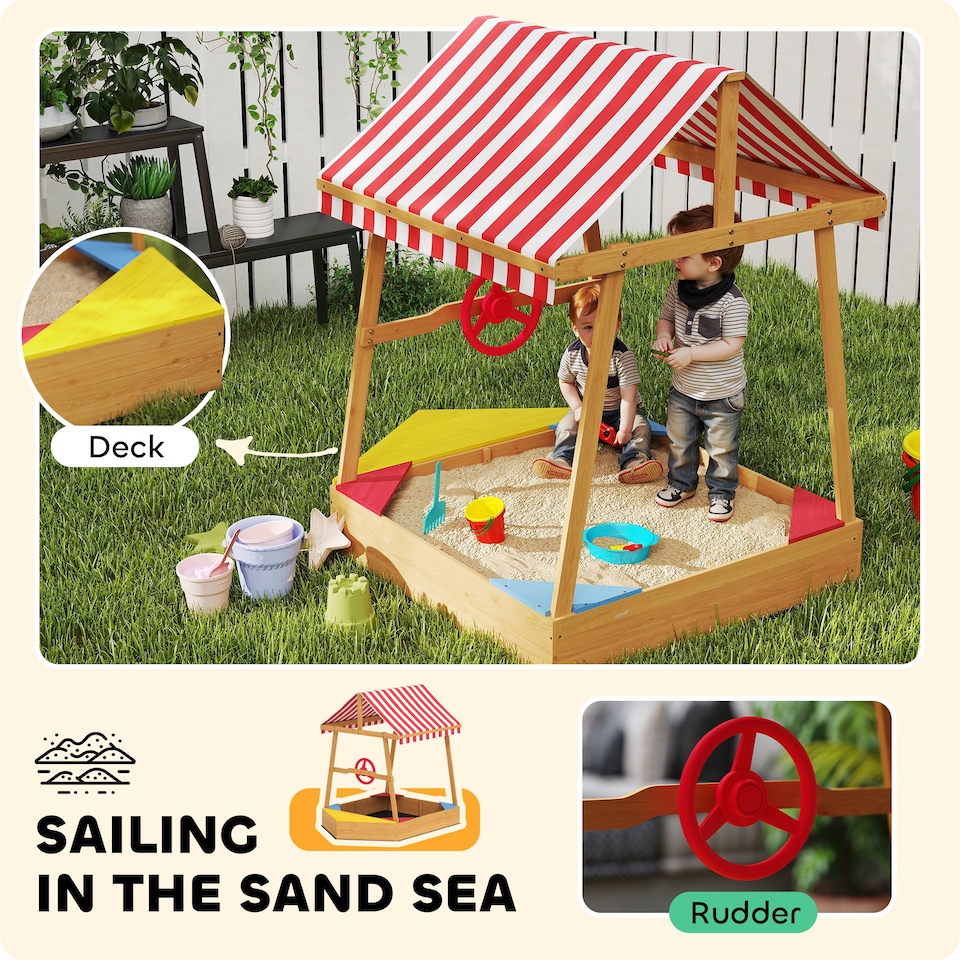 image 1 of AIYAPLAY Wooden Kids Sandpit with Canopy, Seats, Rudder & Bottom Liner