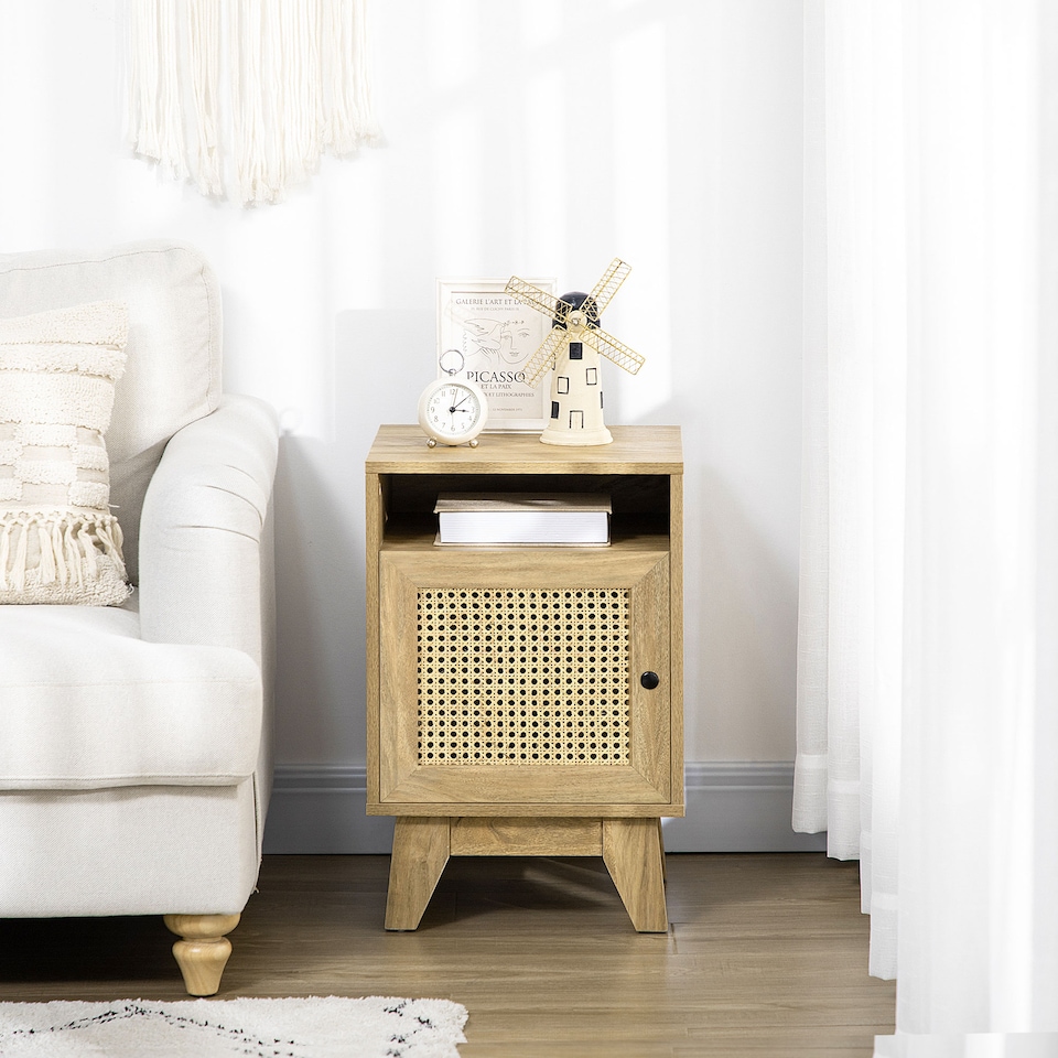 image 1 of HOMCOM Bedside Table Nightstand with Storage Shelf and Door Cupboard, Side End Table with  Rattan Element for Living Room, Bedroom, Natural